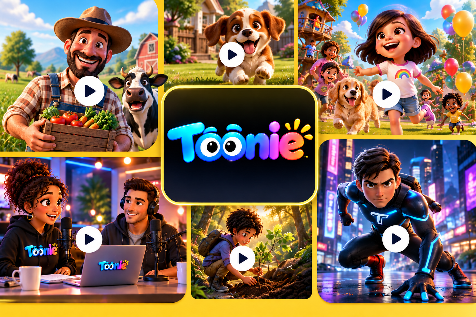 Collage of animated story scenes with play buttons
