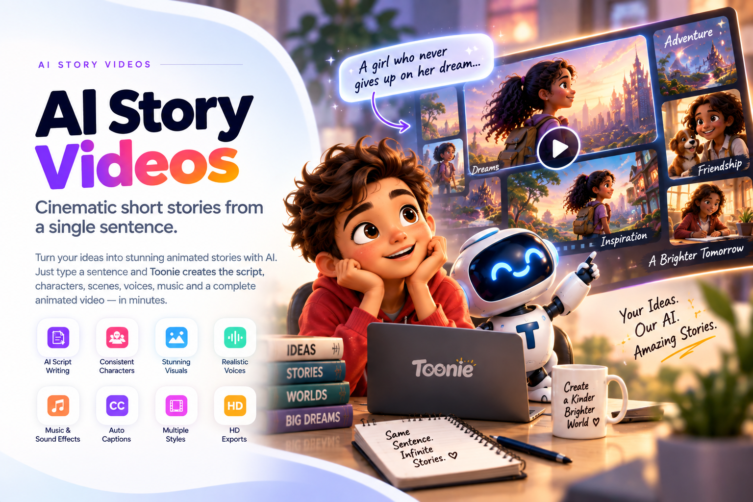 A boy dreaming up animated story scenes with a friendly robot