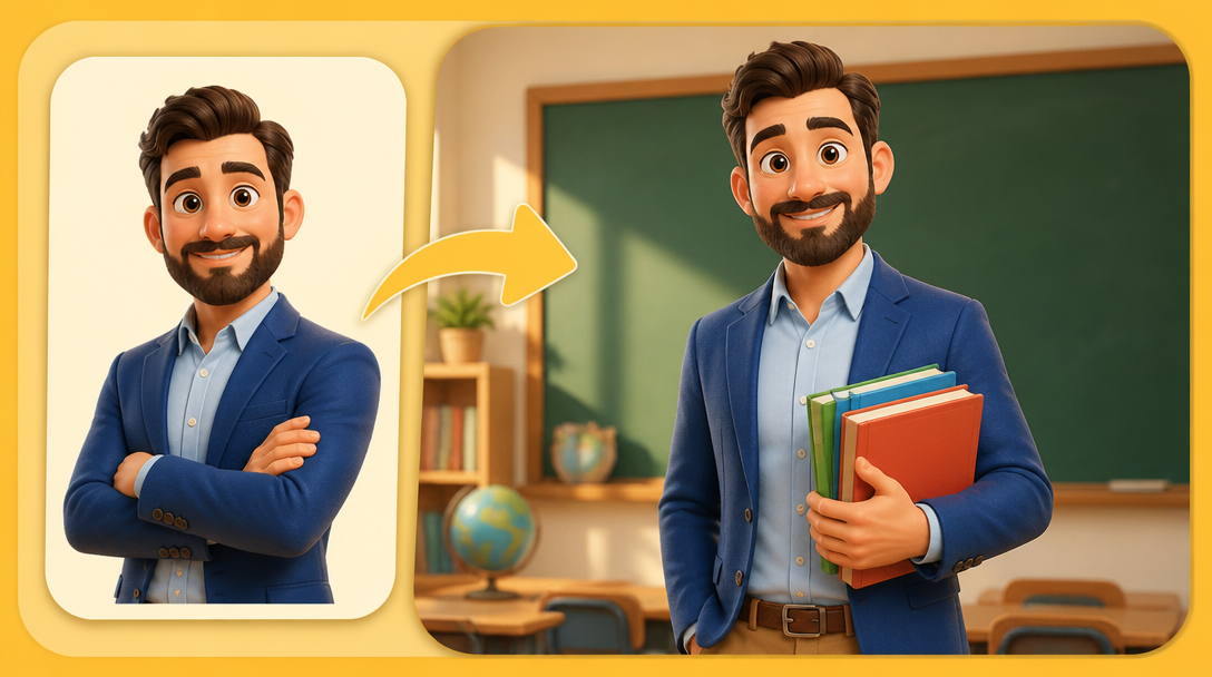 The same animated character shown as a design and in a scene