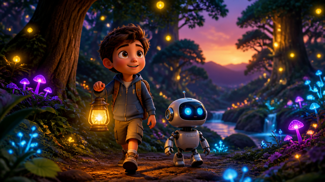 A boy and his robot exploring a glowing forest