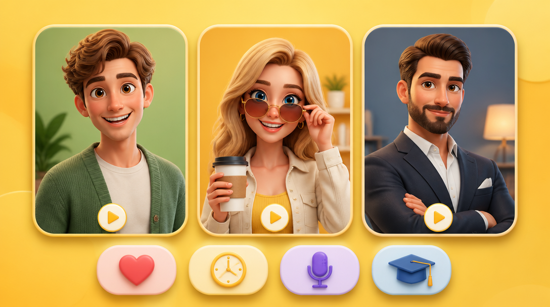 Three friendly AI voice avatar cards with style icons